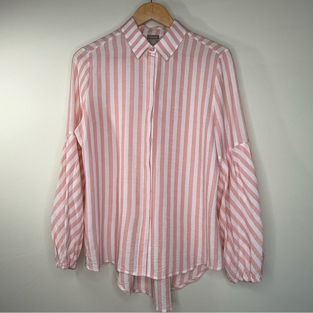 Chico's Pink and White Striped Button Down Shirt - Picture 2 of 5